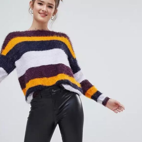 Asos ONLY Brand Cropped Striped Fuzzy Eyelash Sweater Small - Picture 1 of 5
